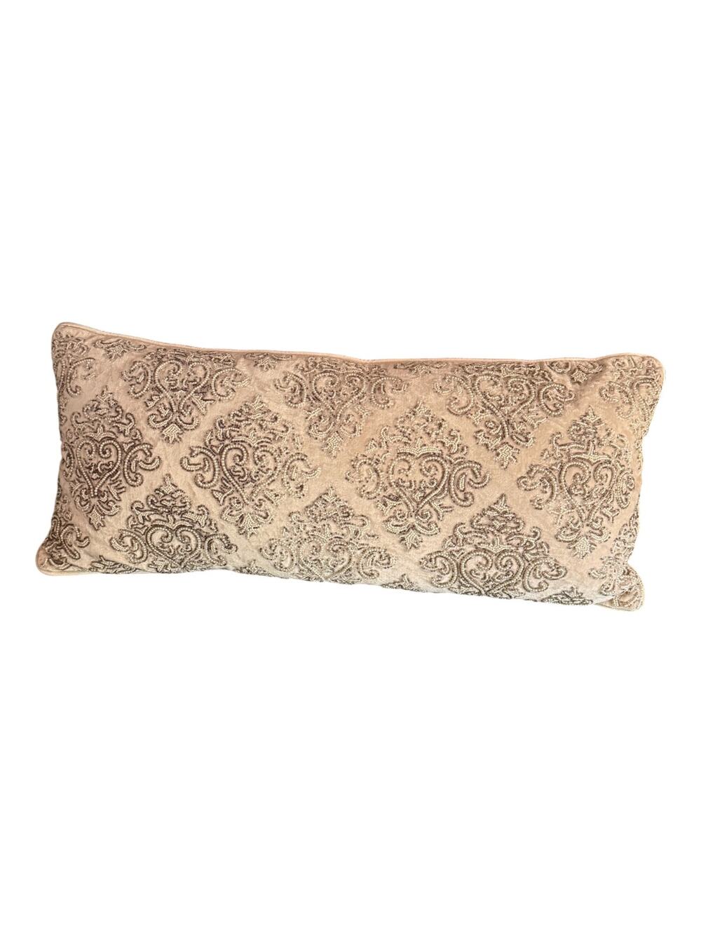 Cream Silver Velvet Sparkly Beaded Oversized Lumbar Rectangular Throw Pillow